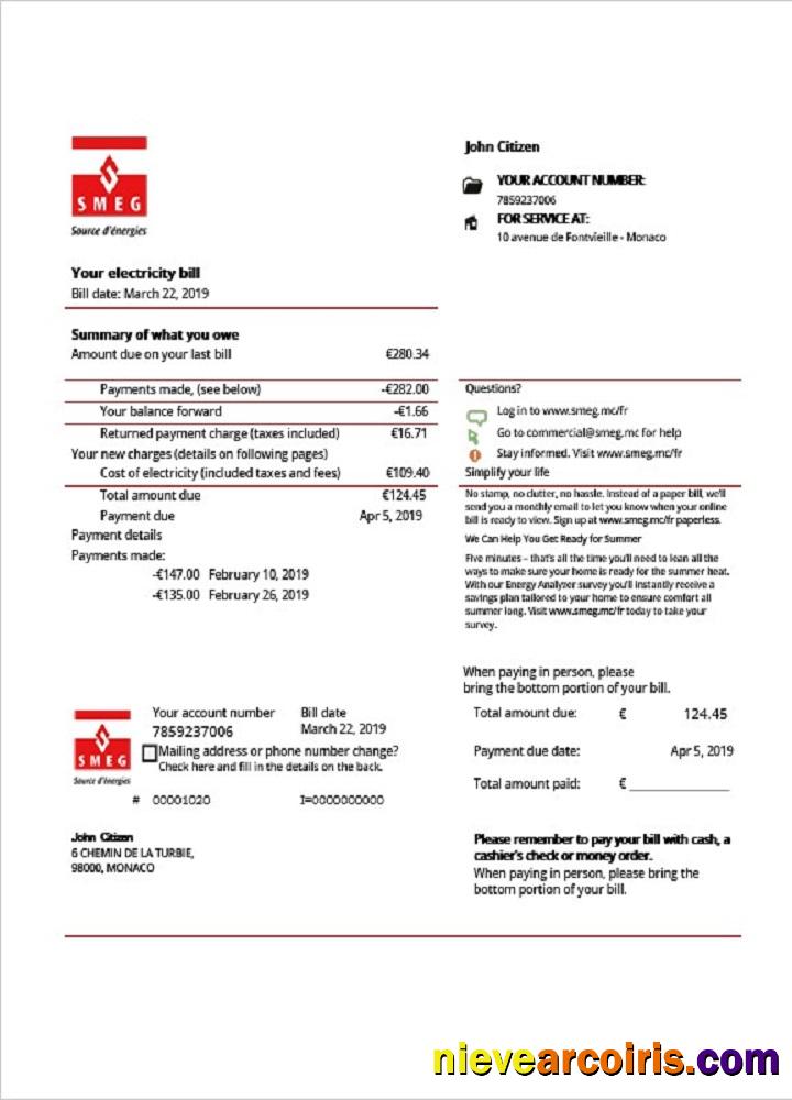 Monaco SMEG electricity utility bill